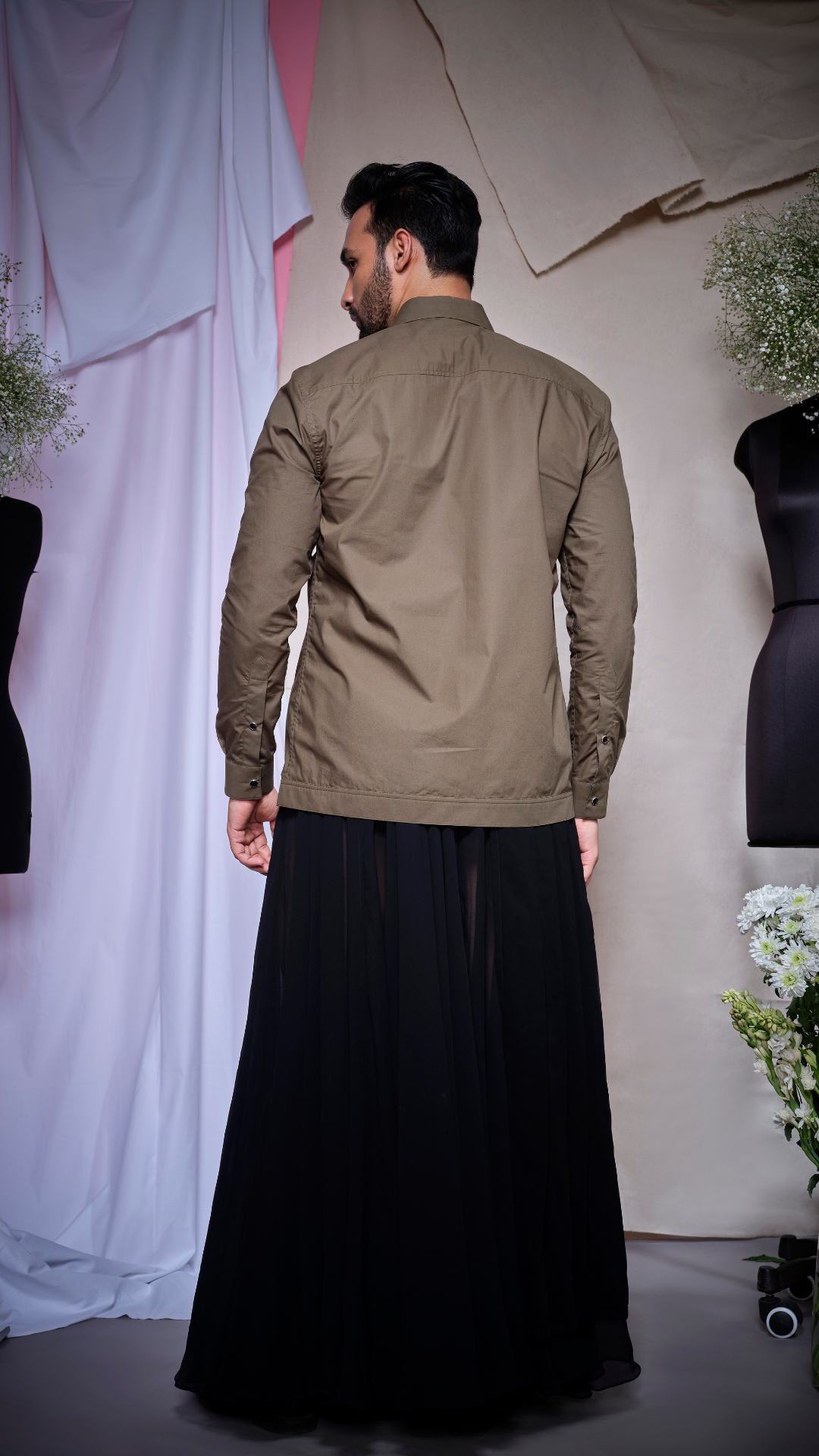 Olive zara cotton shacket with black denim diamond patch with pocket with olive stitching on one side