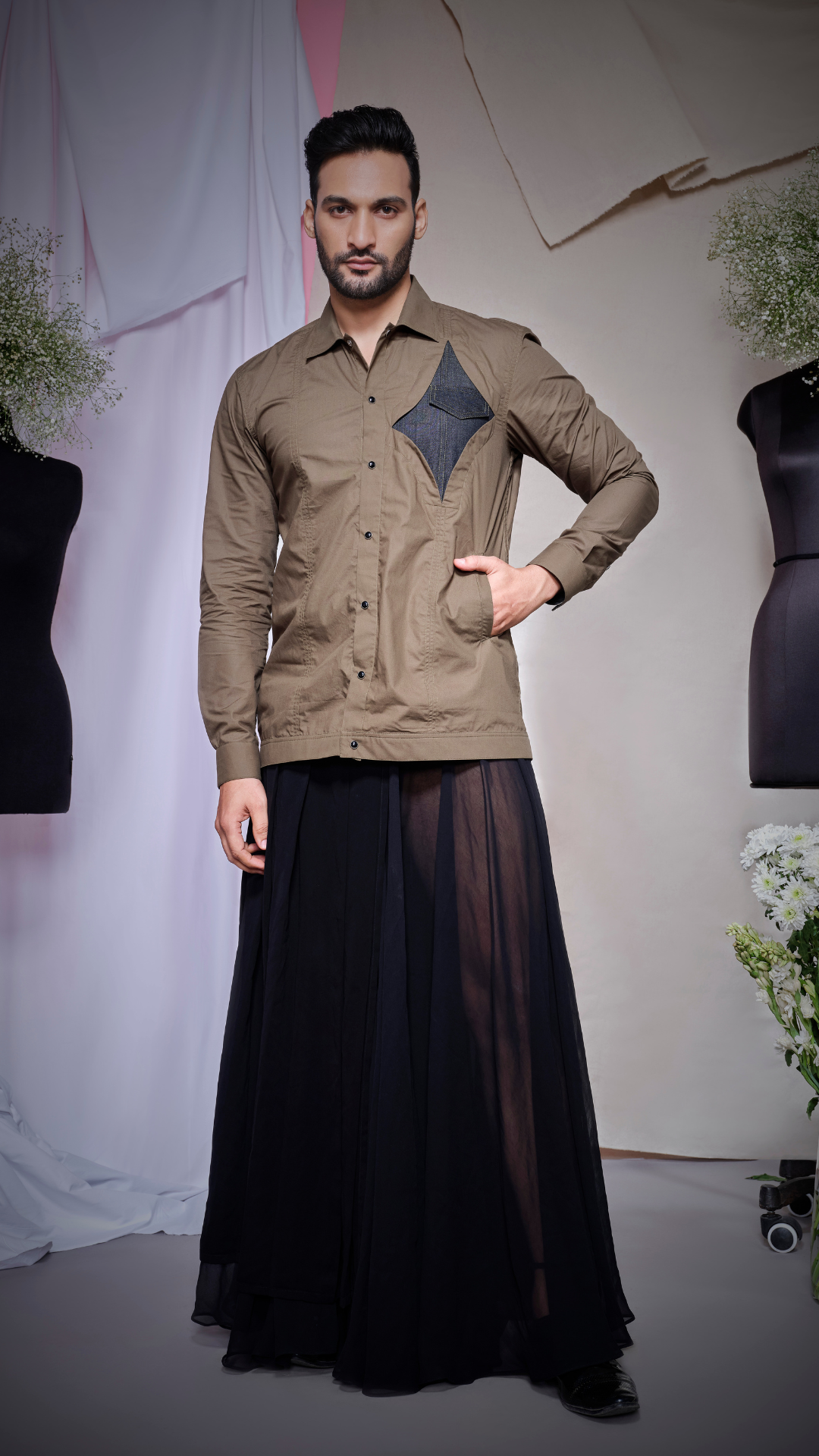 Olive zara cotton shacket with black denim diamond patch with pocket with olive stitching on one side