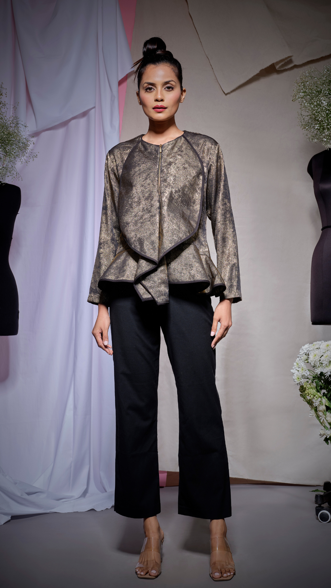 Gold black peplum top