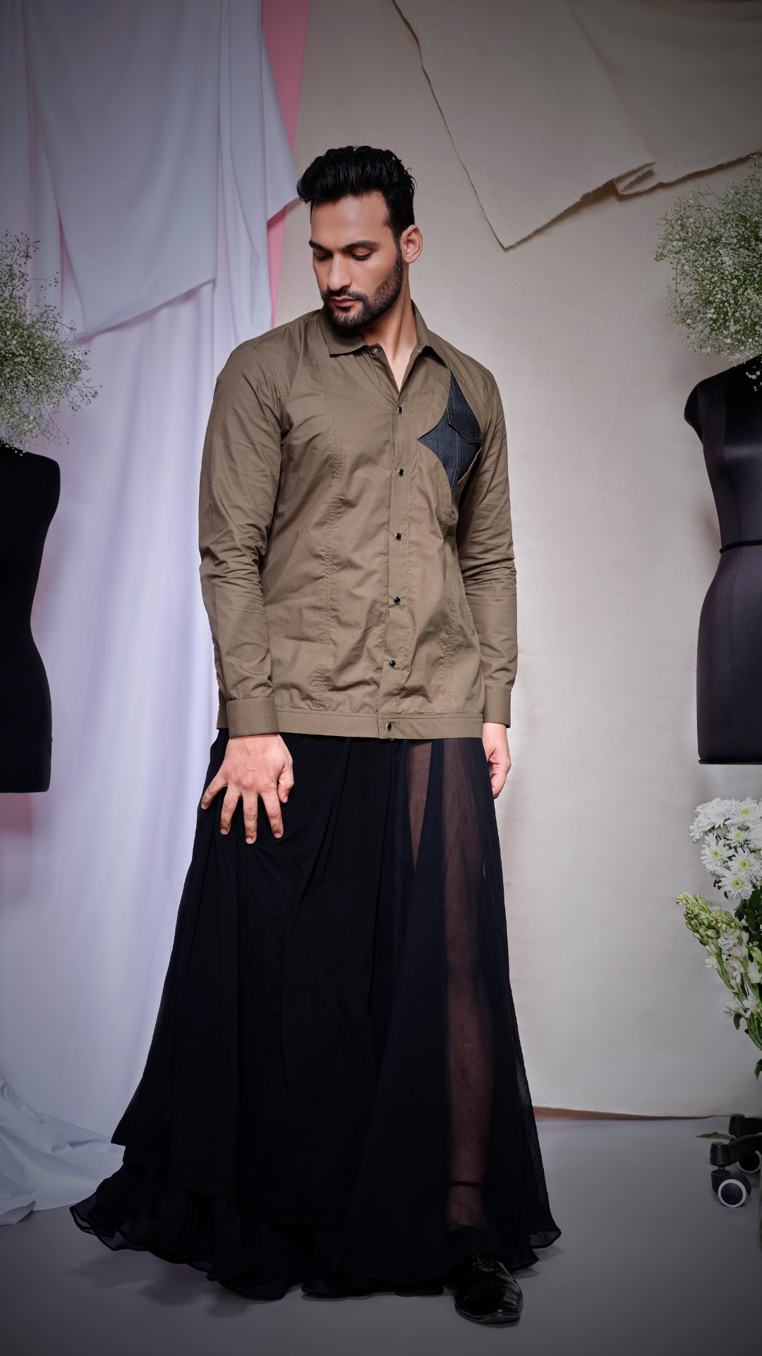 Olive zara cotton shacket with black denim diamond patch with pocket with olive stitching on one side