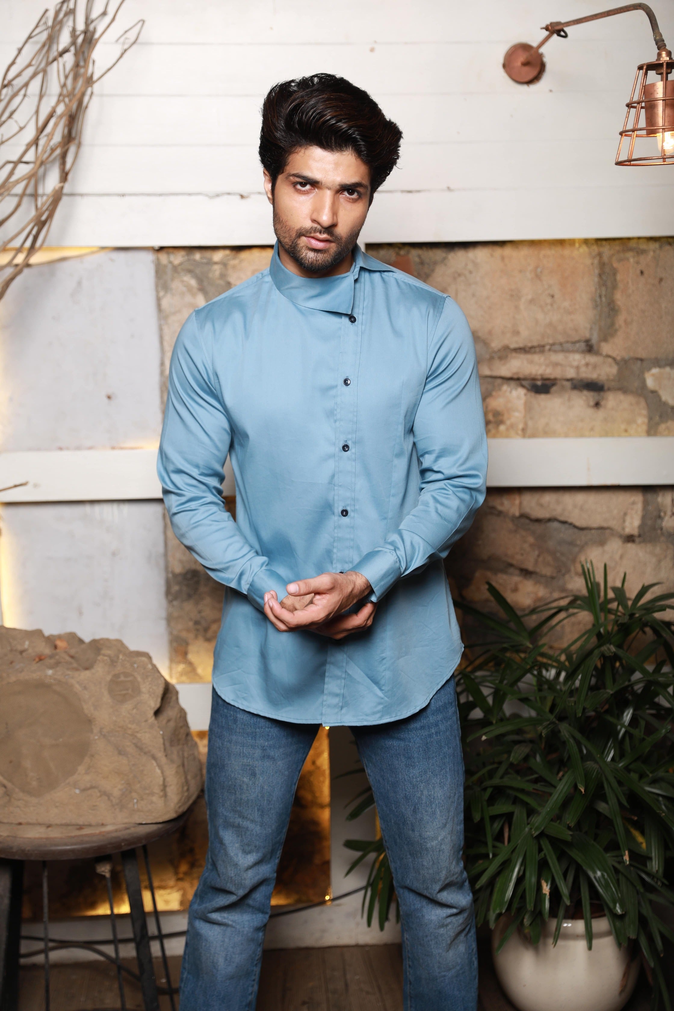 Slate blue shirt with off centre collar