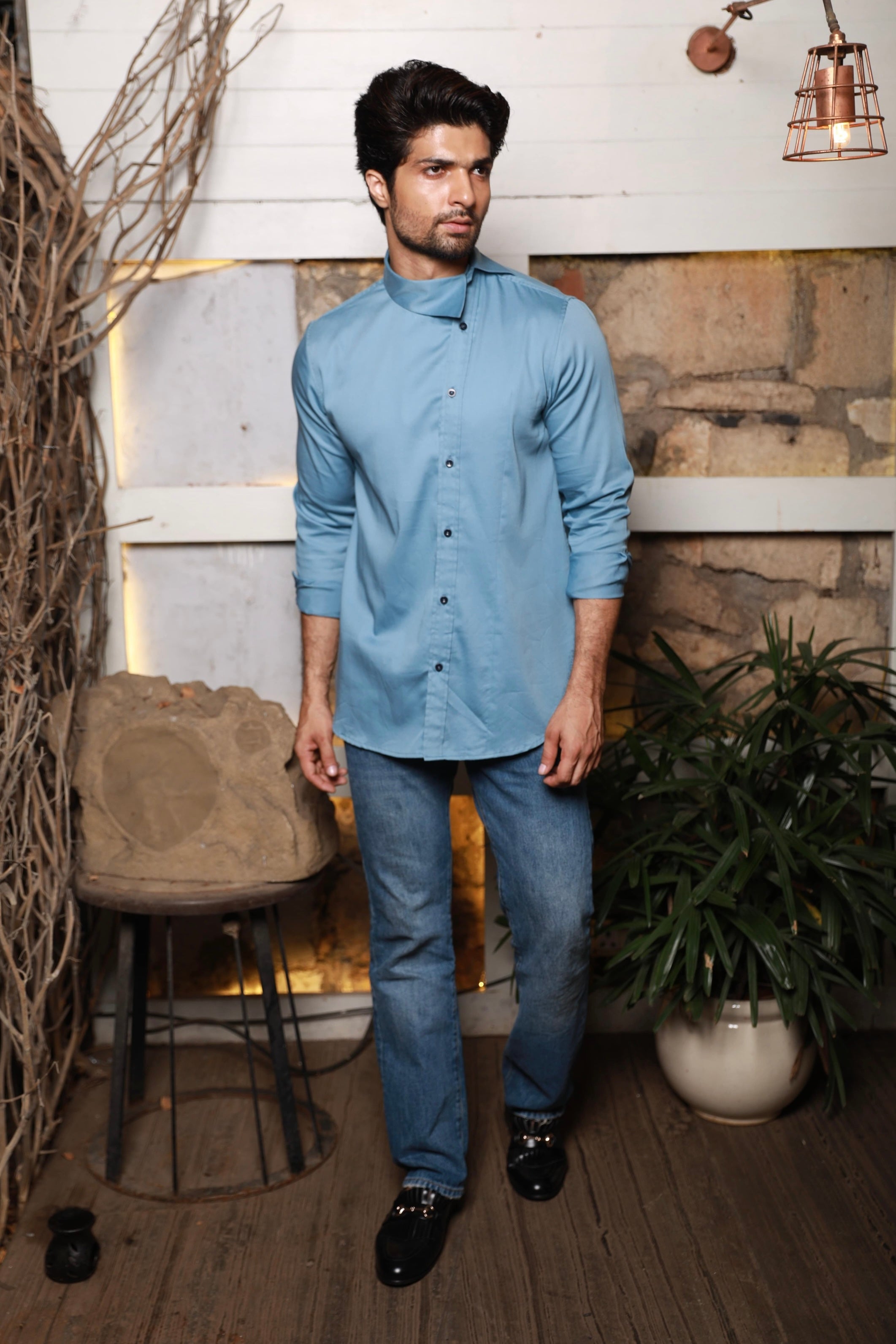 Slate blue shirt with off centre collar