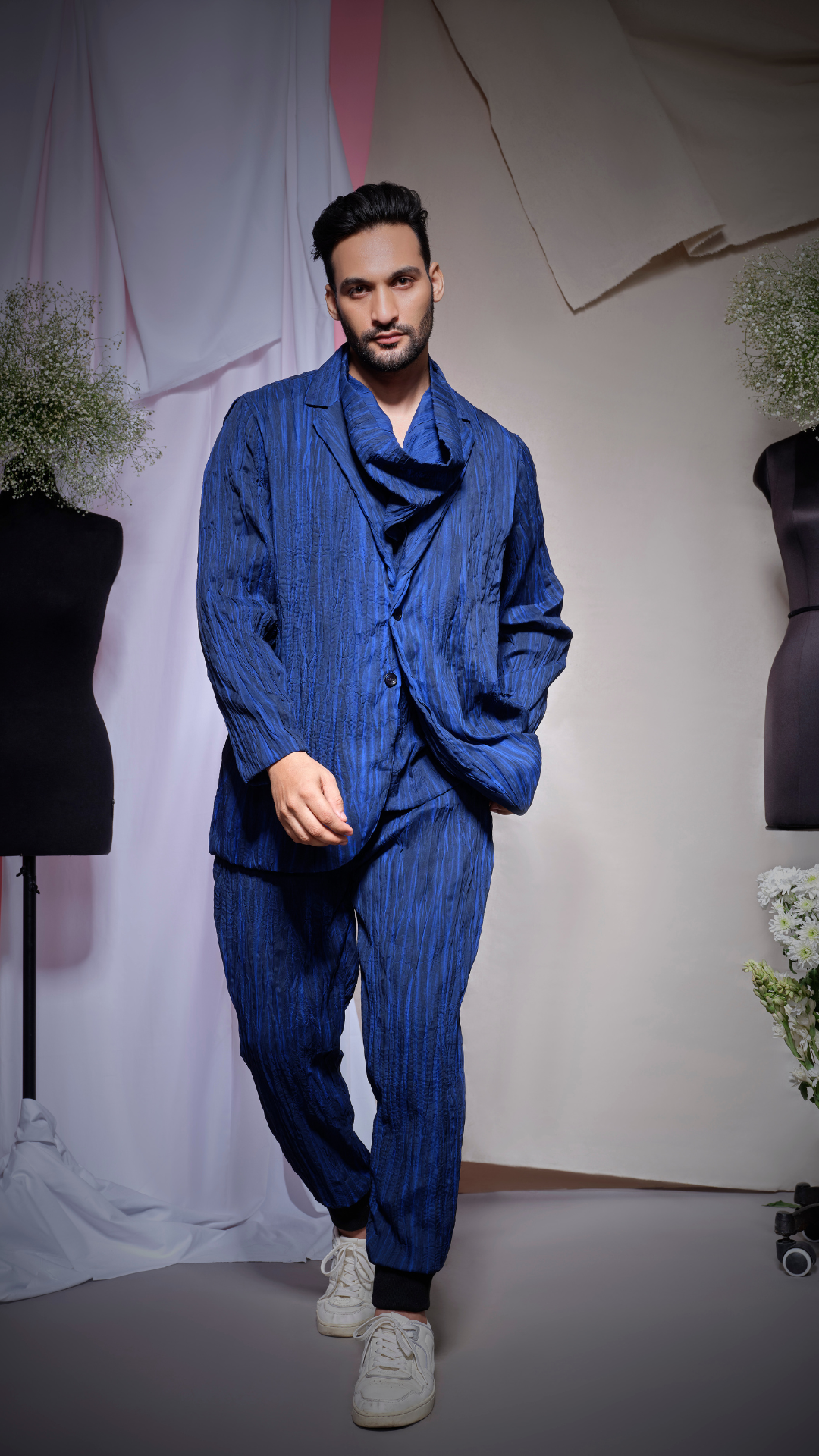 Blue textured scuba cowl neck attached blazer jacket with narrow pants