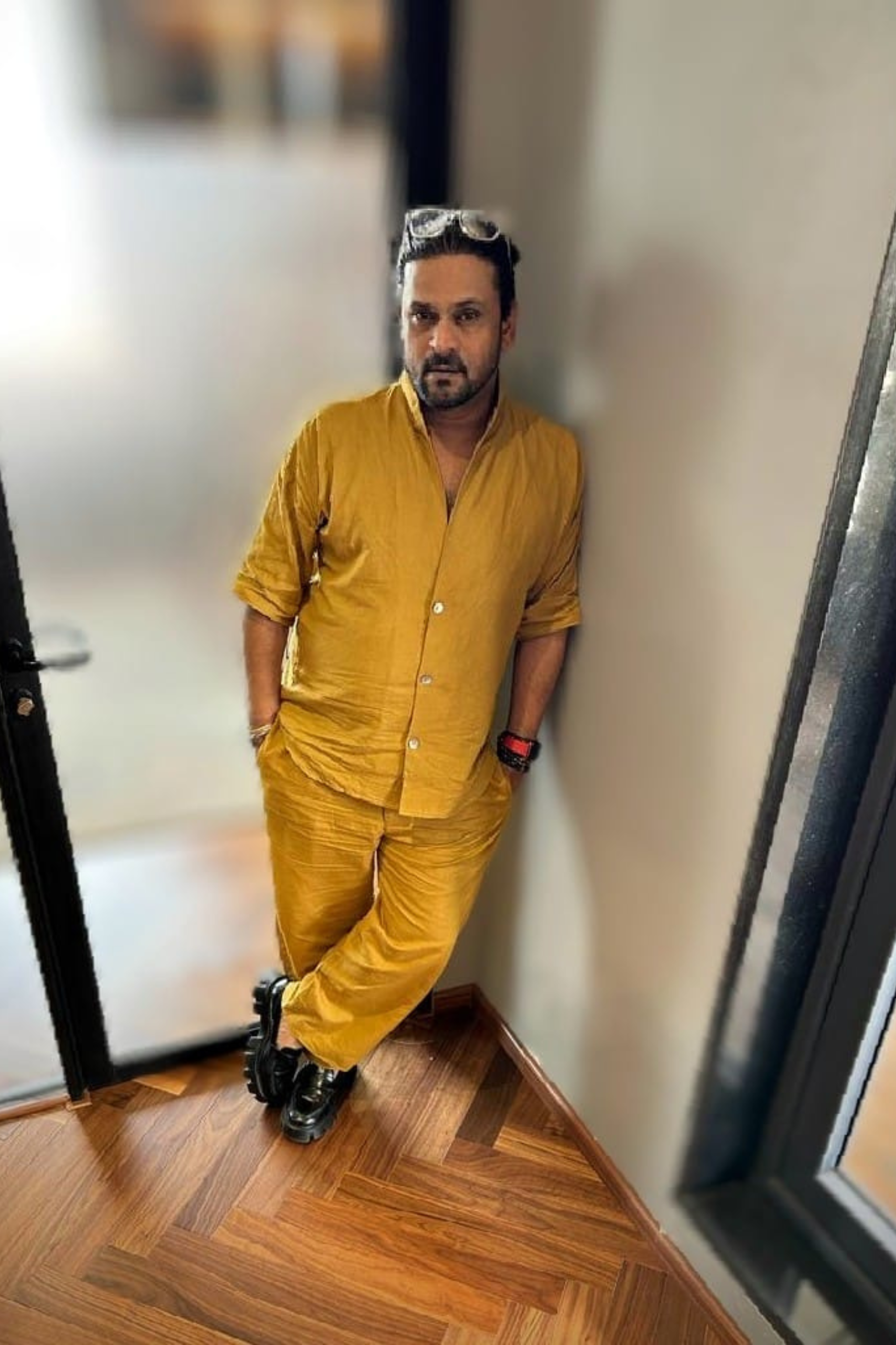 Ochre Linen High Collar Shirt with Straight Pants