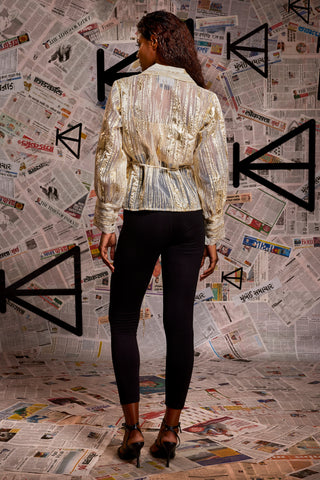 Gold foiled organza big lapel jacket with Waist tie-up.