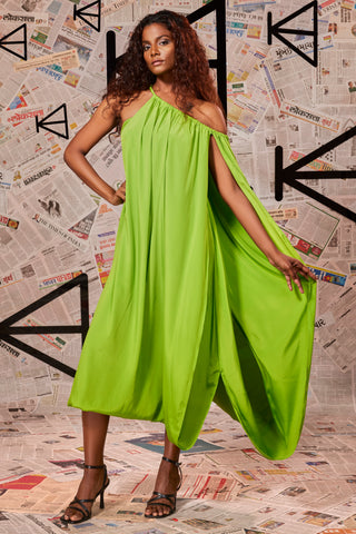 Green FC halter neck mid-length toga dress.