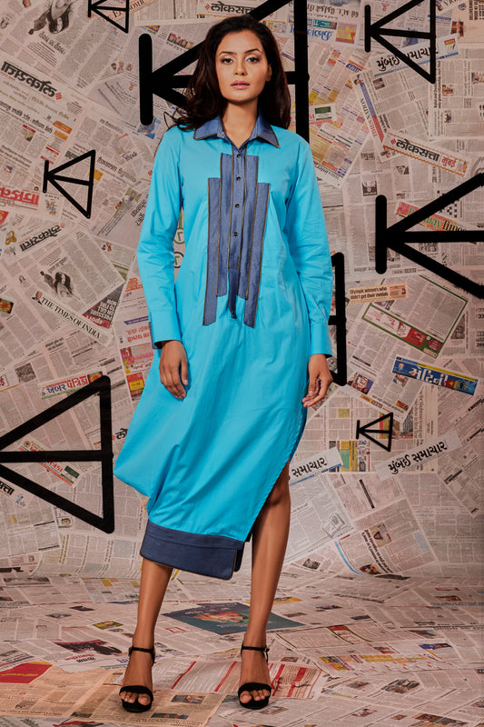 Turquoise Blue Short dress with Denim collar on top and bottom with zipper feature on yoke.