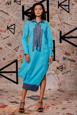 Turquoise Blue Short dress with Denim collar on top and bottom with zipper feature on yoke.