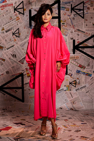 Pink fc loose collared kaftan dress with big open cold shoulder.