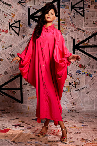 Pink fc loose collared kaftan dress with big open cold shoulder.