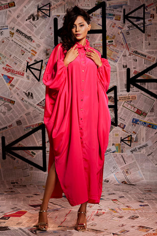 Pink fc loose collared kaftan dress with big open cold shoulder.