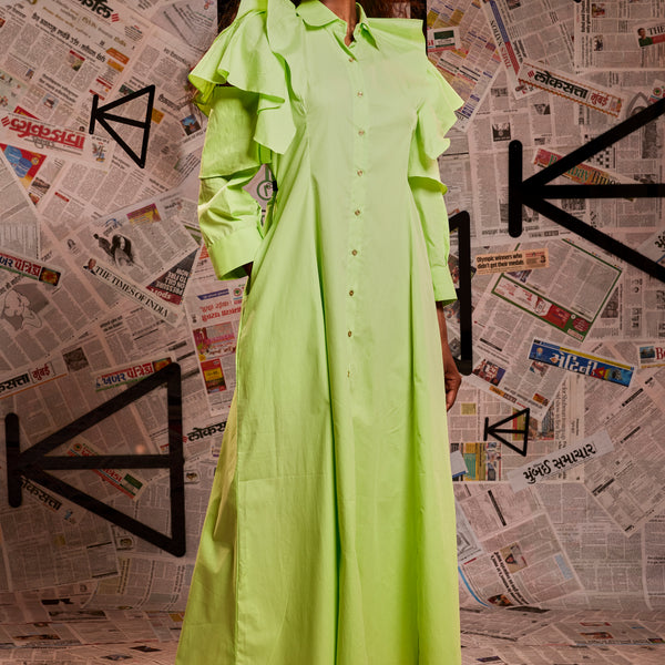Lemon green zara long shirt dress with layered open sleeve feature – HTKD  Apparels Private Limited