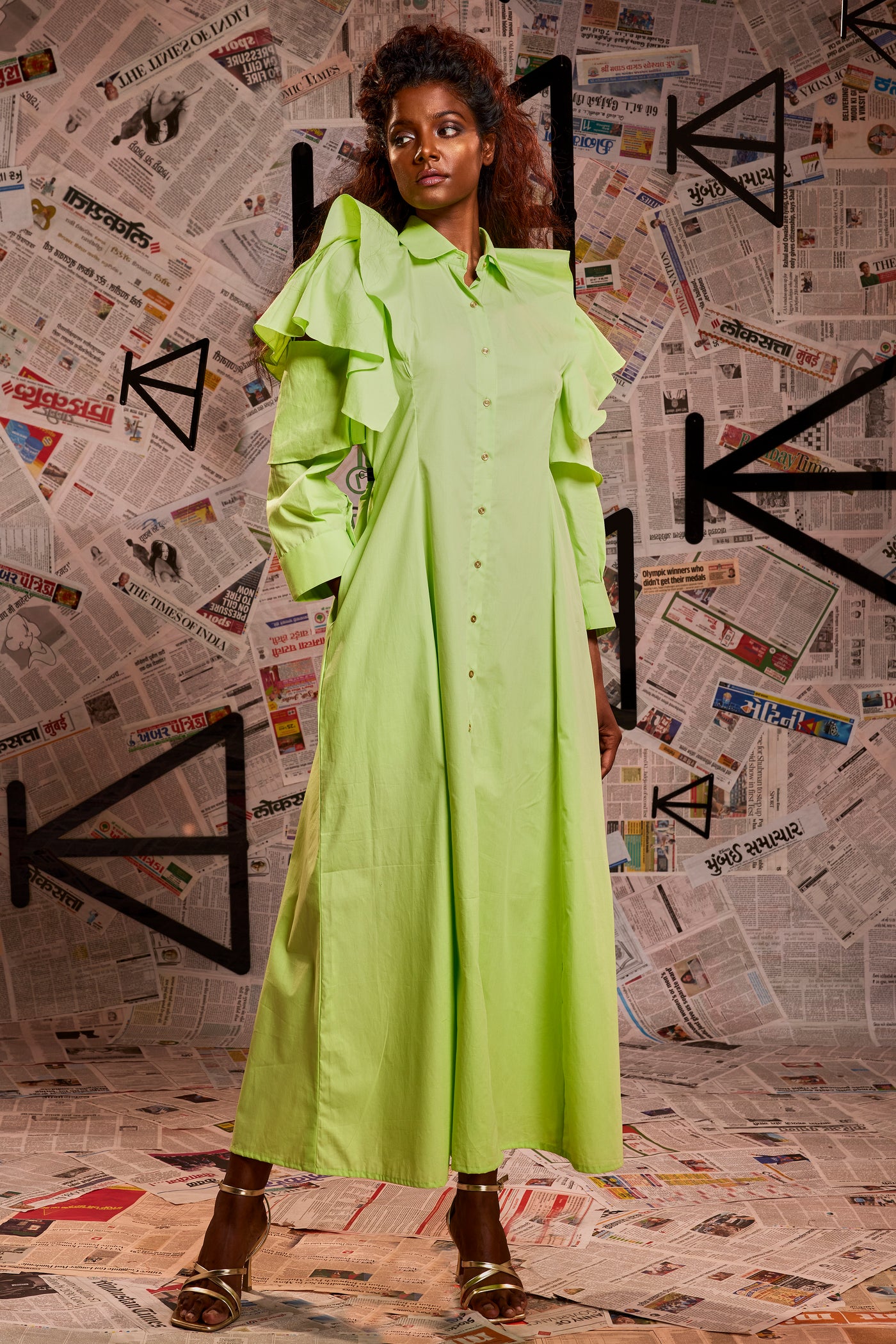 Lemon green zara long shirt dress with layered open sleeve feature HTKD Apparels Private Limited Lemon green zara long shirt dress with layered open sleeve feature HTKD Apparels Private Limited