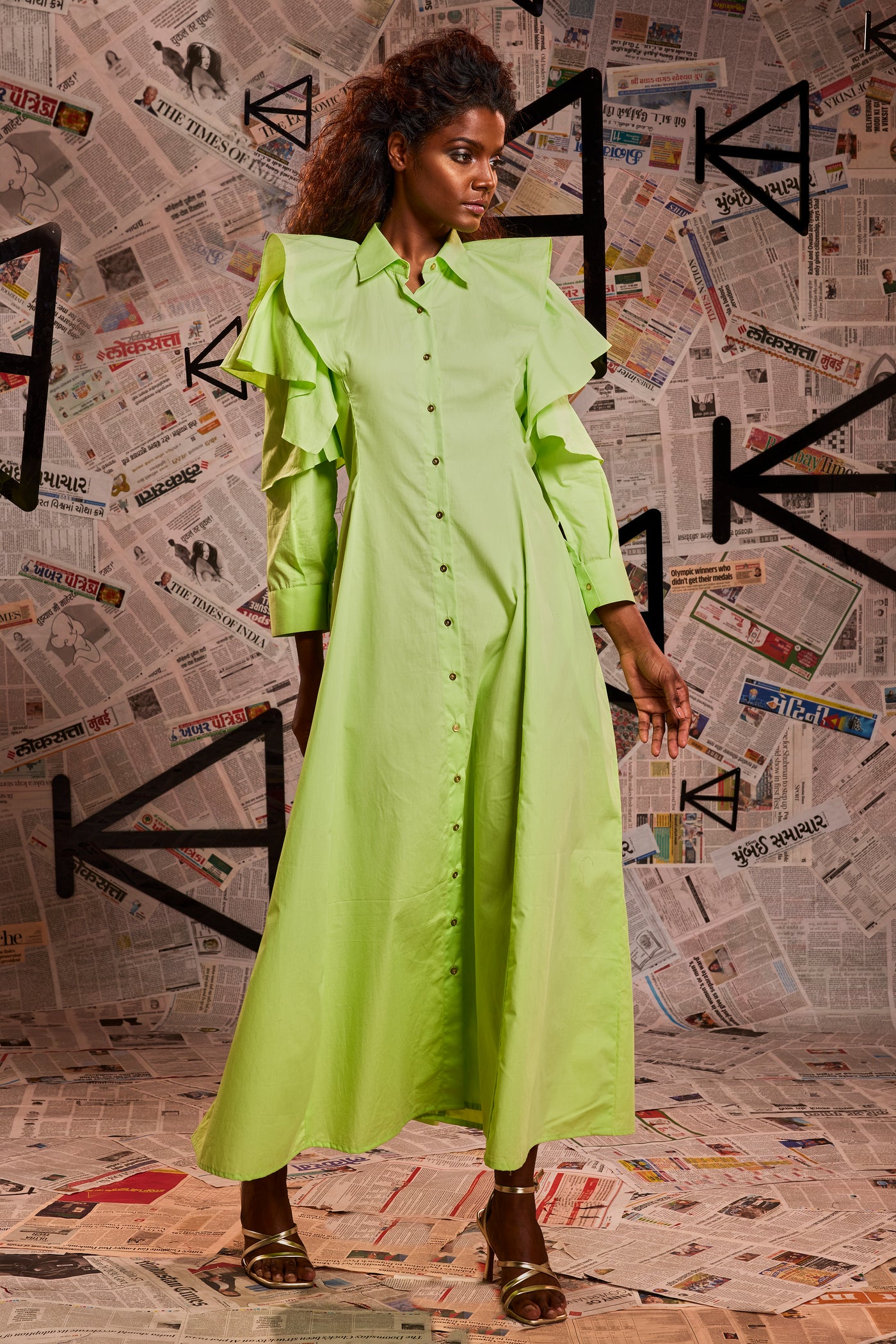 Lemon green zara long shirt dress with layered open sleeve feature HTKD Apparels Private Limited Lemon green zara long shirt dress with layered open sleeve feature HTKD Apparels Private Limited