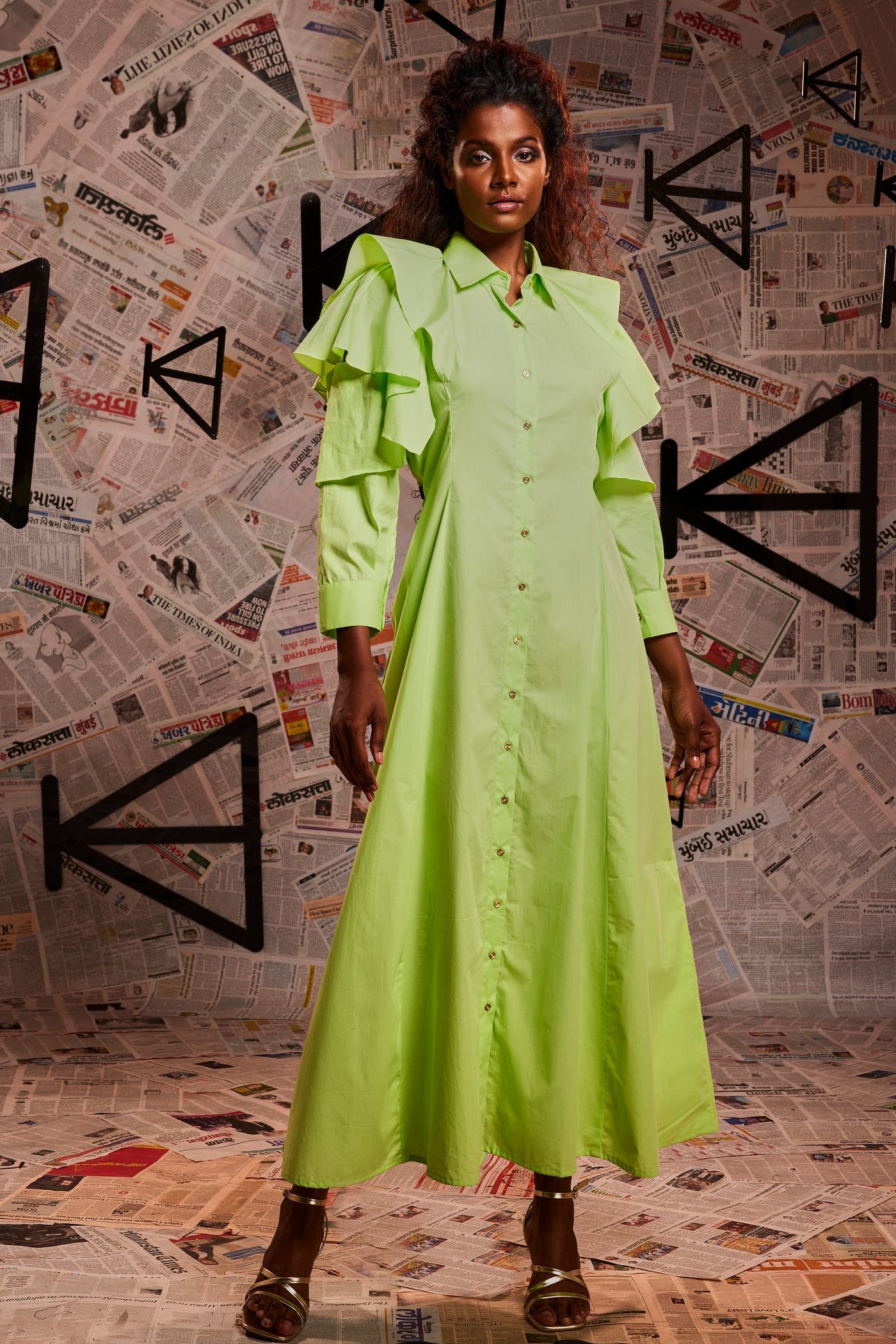 Lemon green zara long shirt dress with layered open sleeve feature HTKD Apparels Private Limited Lemon green zara long shirt dress with layered open sleeve feature HTKD Apparels Private Limited