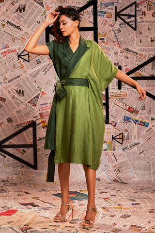 Dark green linen lapel collar blazer dress with light green one side kaftan sleeves and waist tie-up.