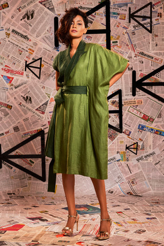 Dark green linen lapel collar blazer dress with light green one side kaftan sleeves and waist tie-up.