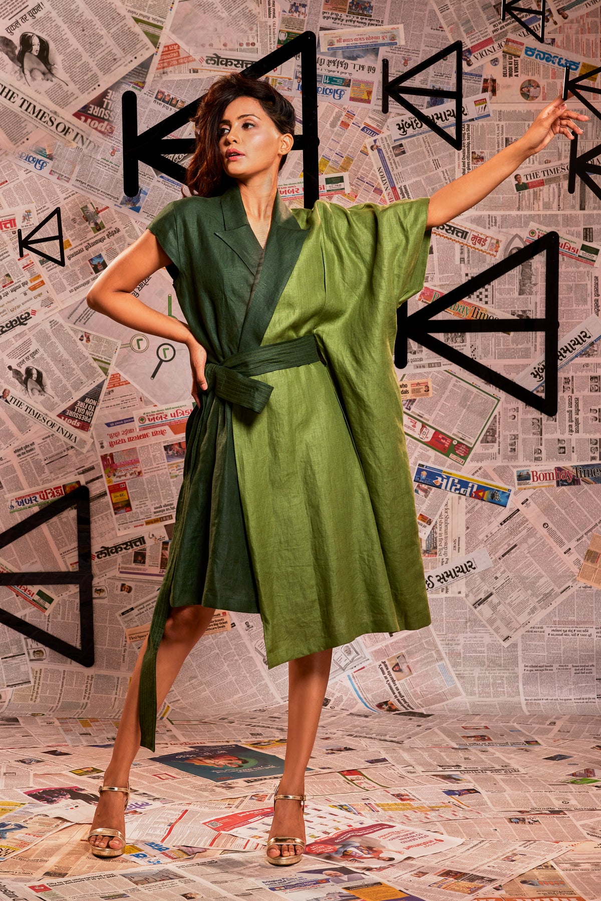 Dark green linen lapel collar blazer dress with light green one side kaftan sleeves and waist tie-up.