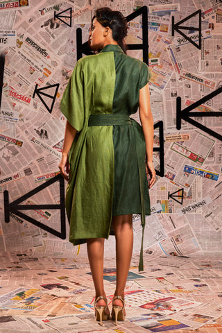 Dark green linen lapel collar blazer dress with light green one side kaftan sleeves and waist tie-up.