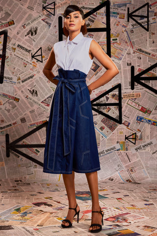 White top attached denim skirt feature dress with denim belt.