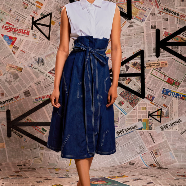 White top attached denim skirt feature dress with denim belt