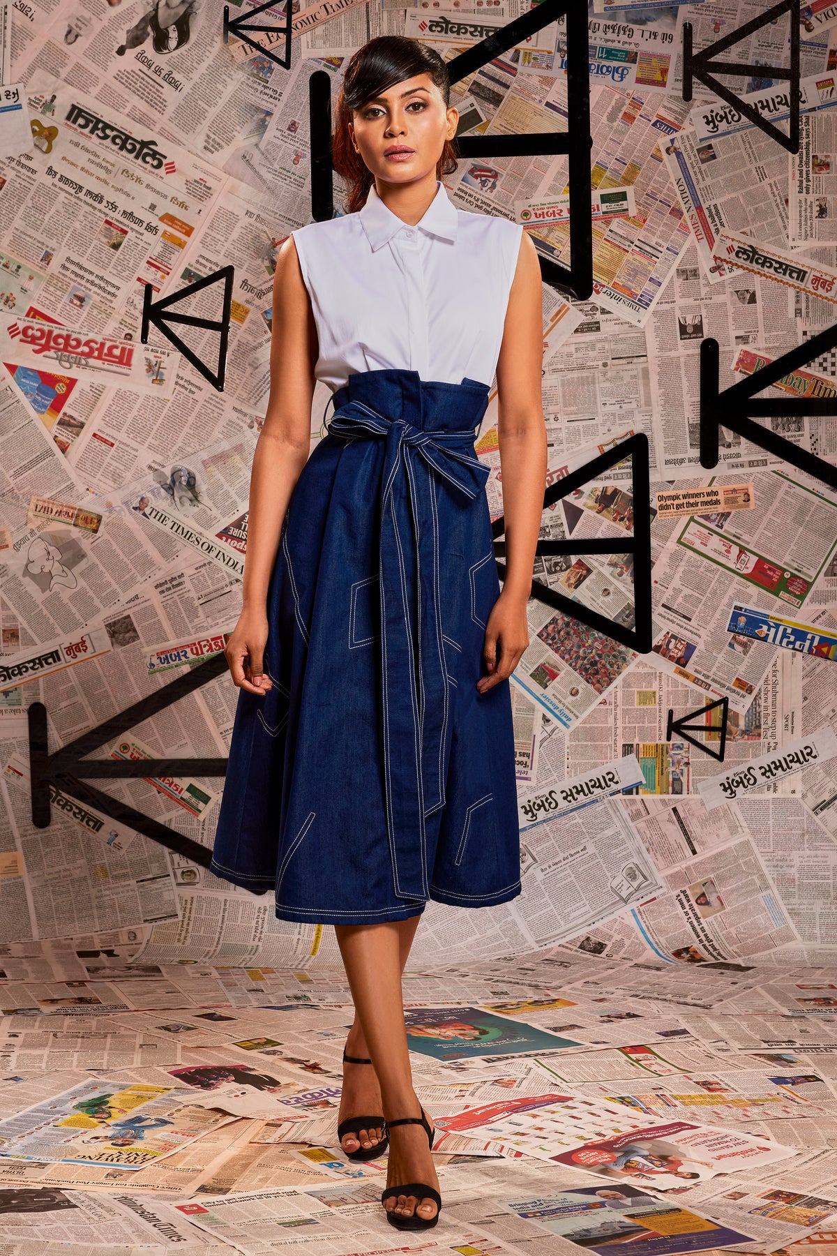 White top attached denim skirt feature dress with denim belt.