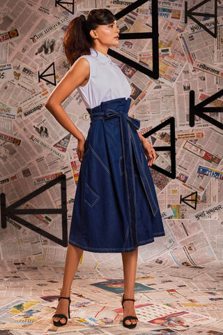 White top attached denim skirt feature dress with denim belt.