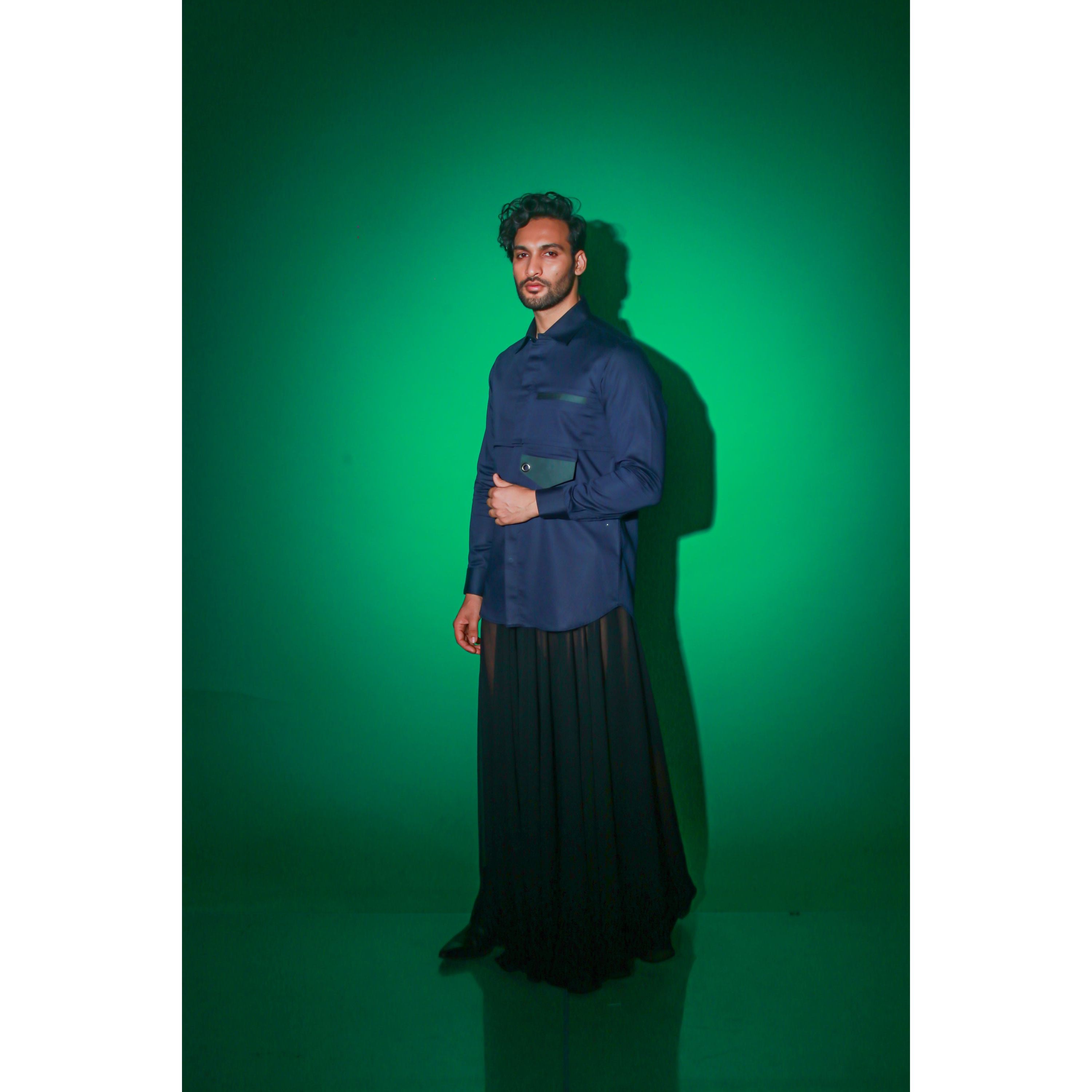 Navy blue shirt with extended pocket feature