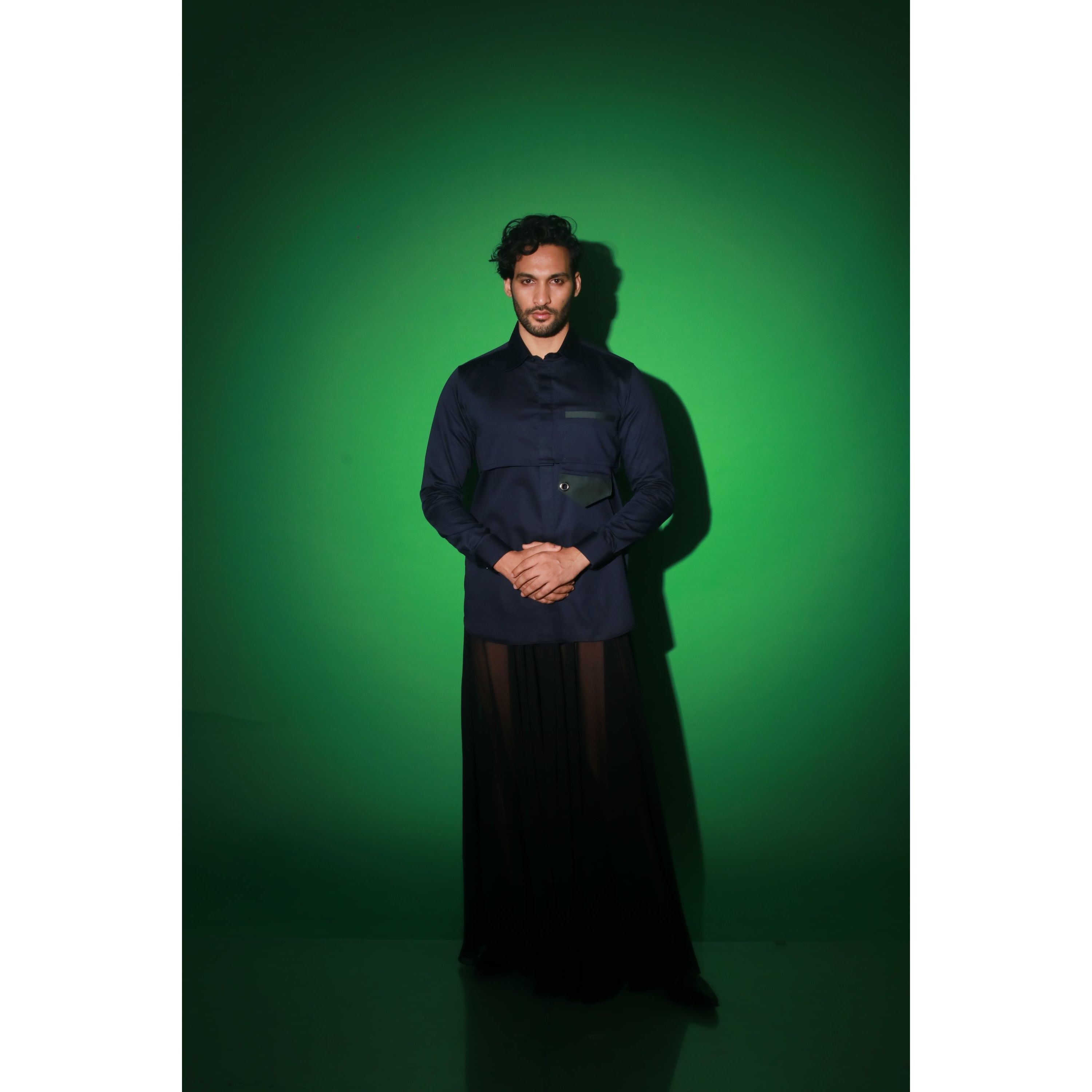 Navy blue shirt with extended pocket feature