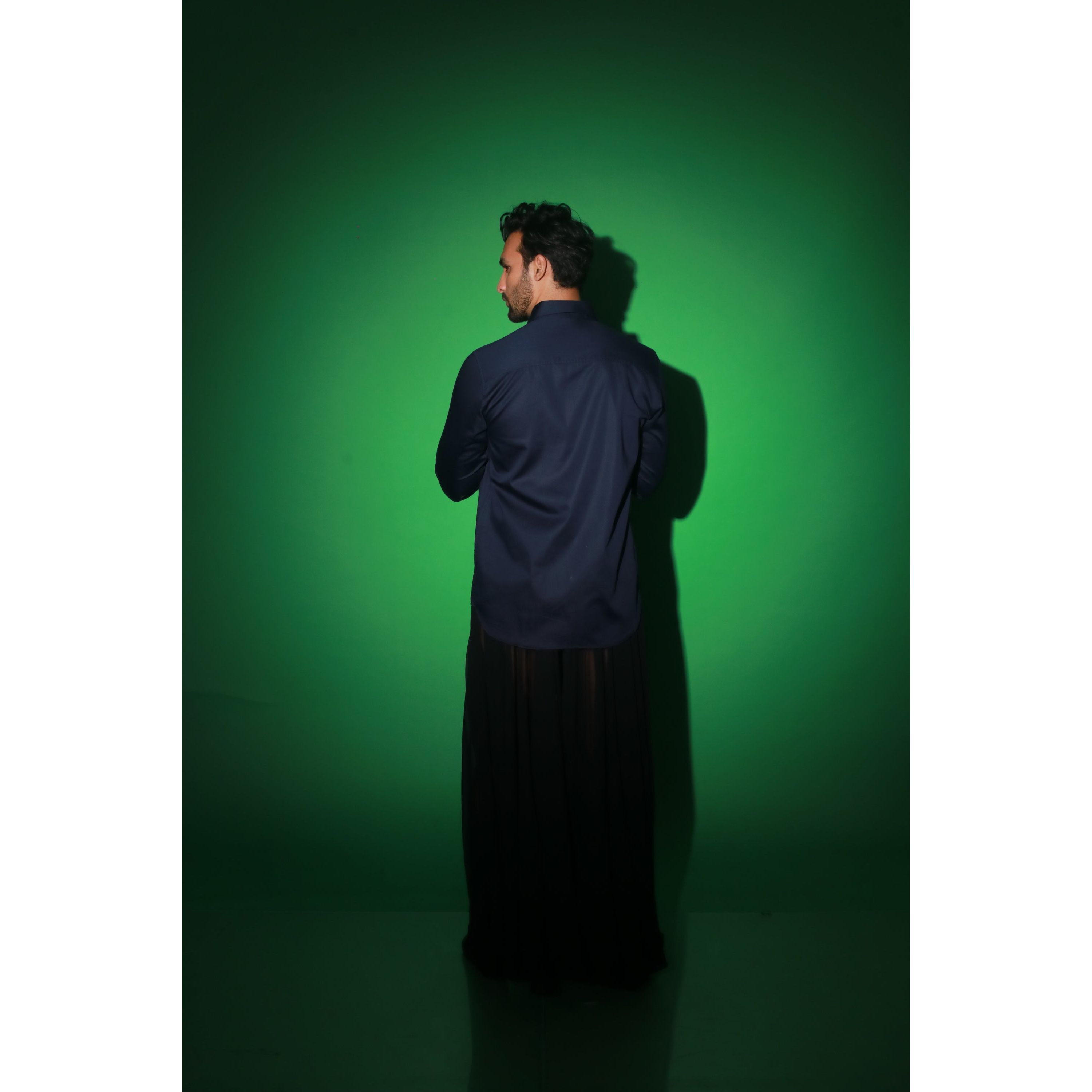 Navy blue shirt with extended pocket feature