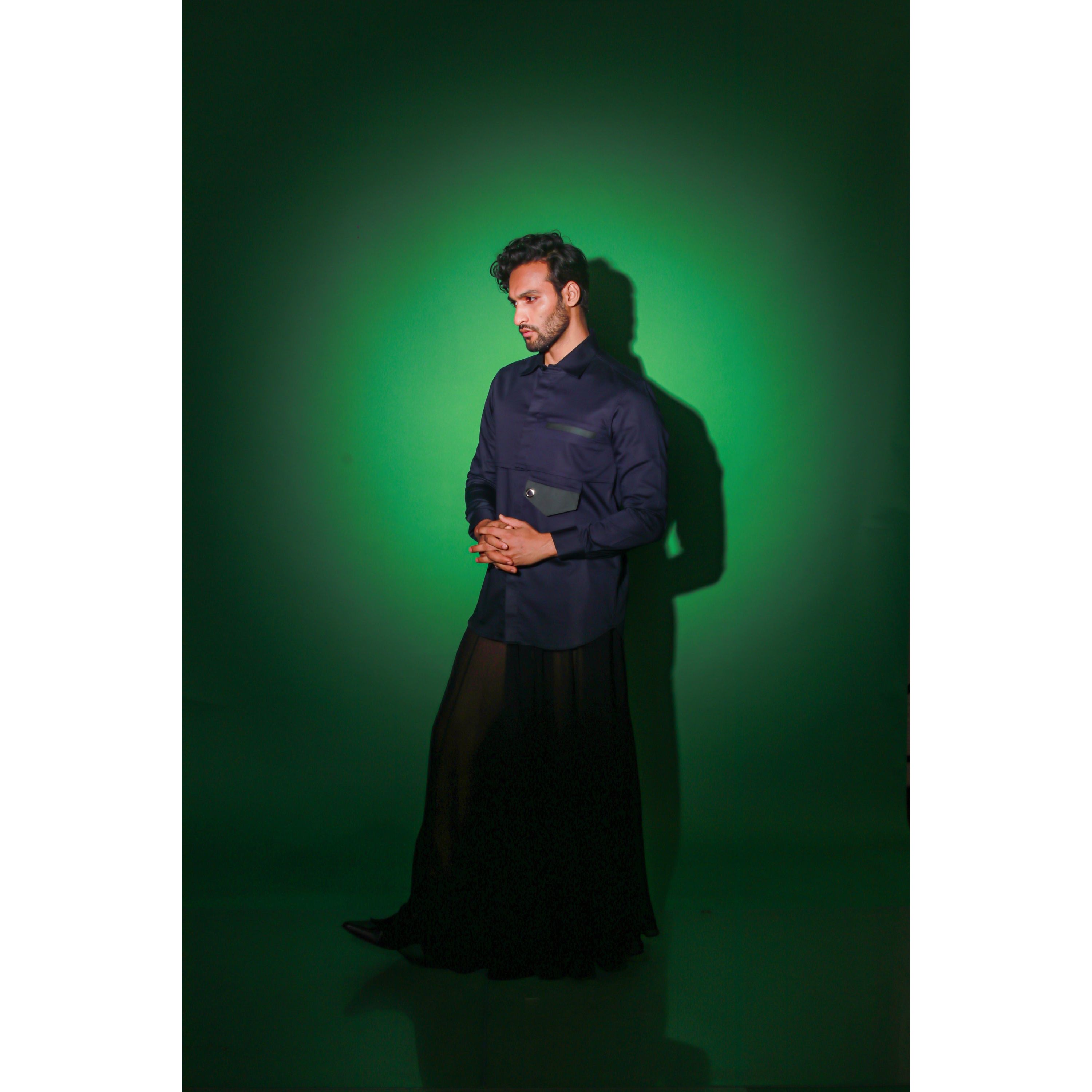 Navy blue shirt with extended pocket feature