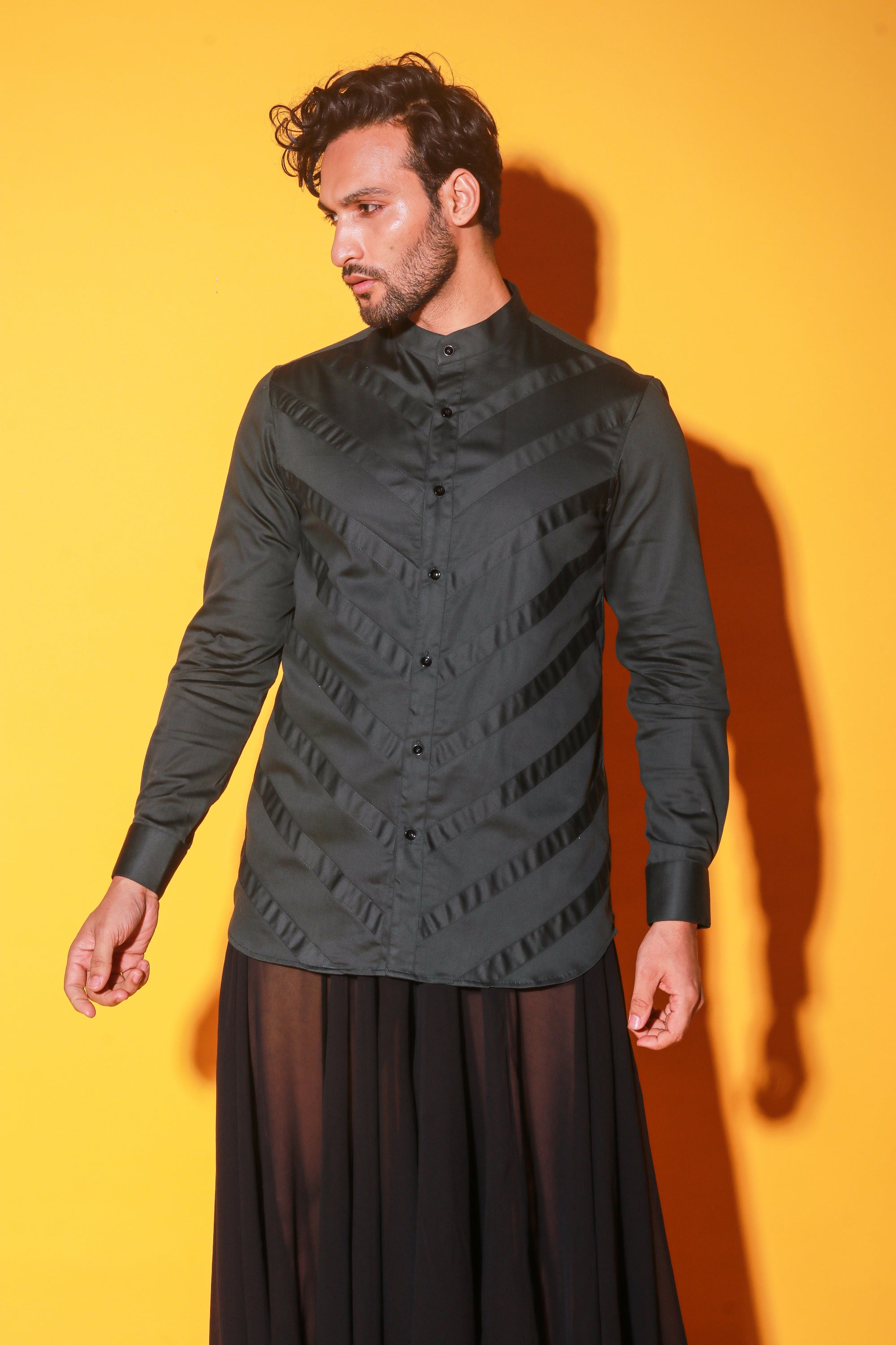 Green mandarin collar shirt with self stripped detailing.