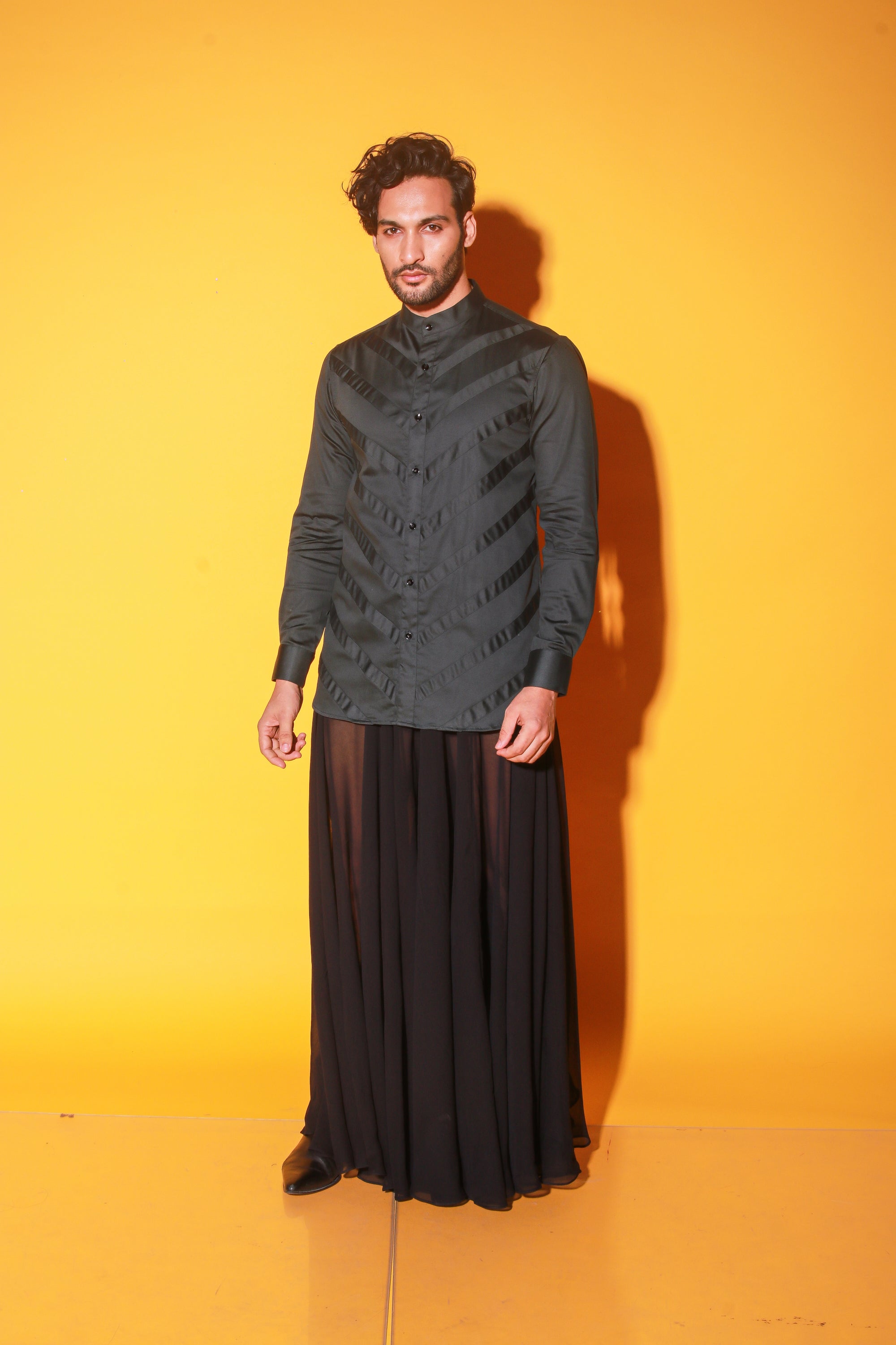 Green mandarin collar shirt with self stripped detailing.