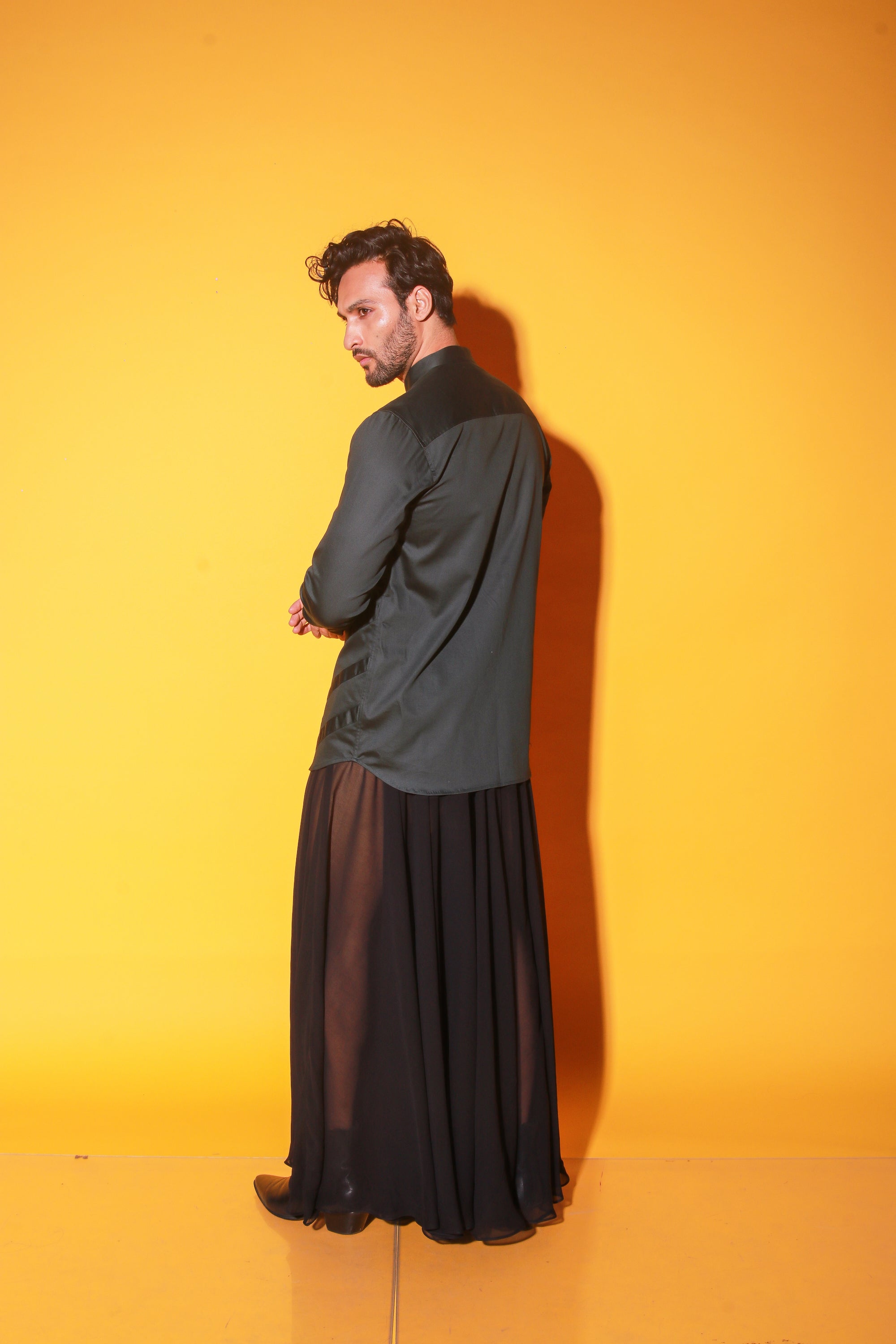 Green mandarin collar shirt with self stripped detailing.