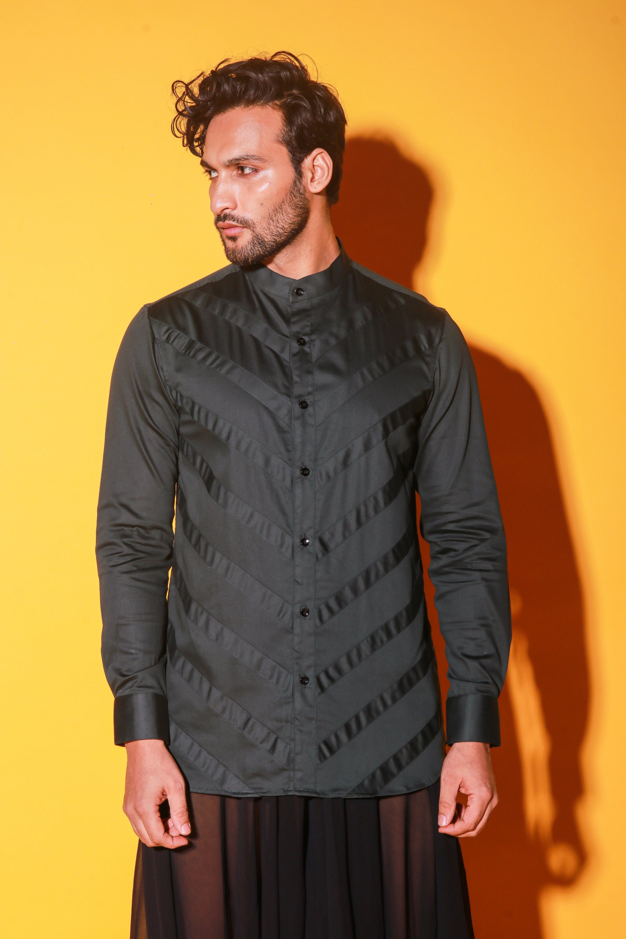 Green mandarin collar shirt with self stripped detailing.