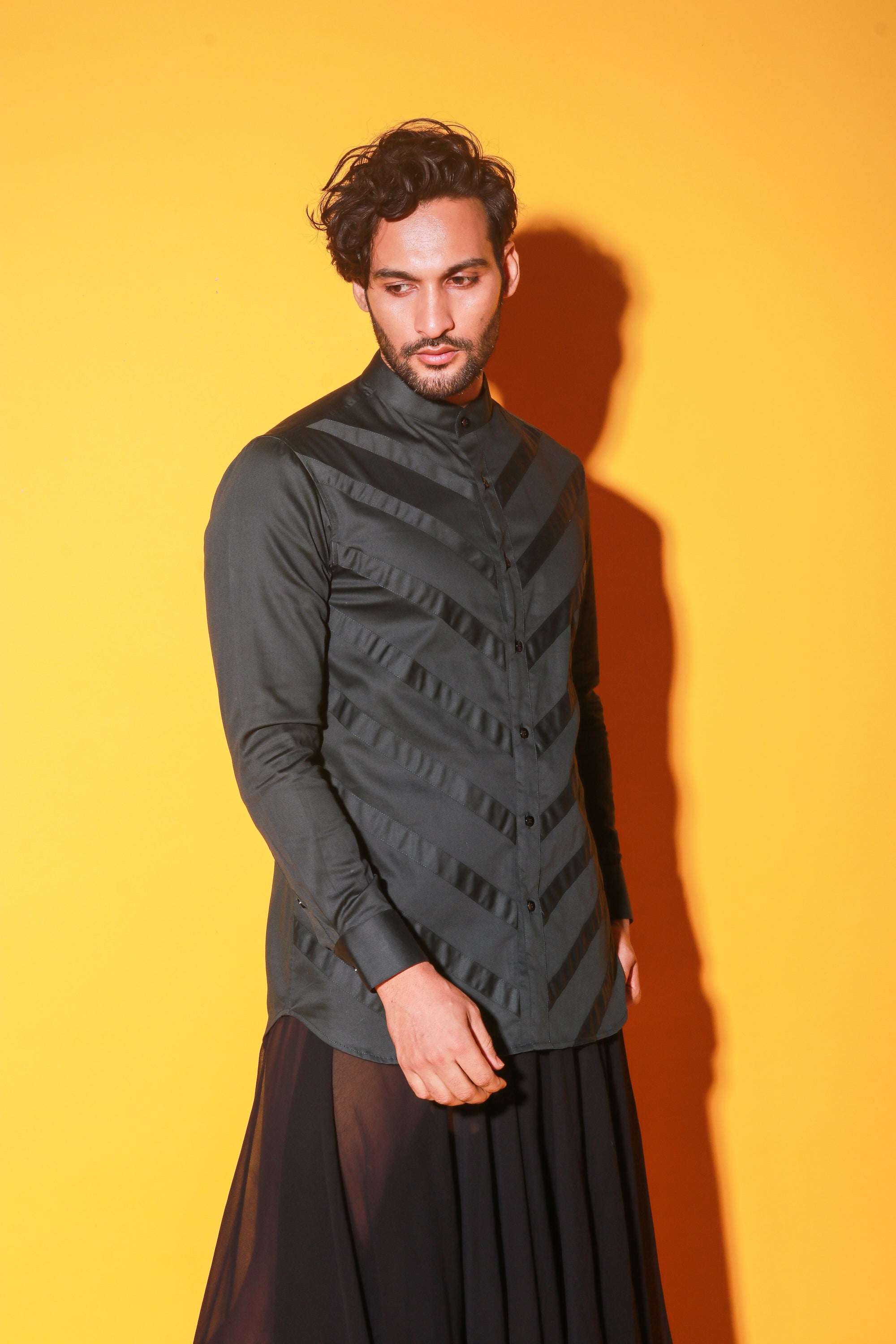 Green mandarin collar shirt with self stripped detailing.