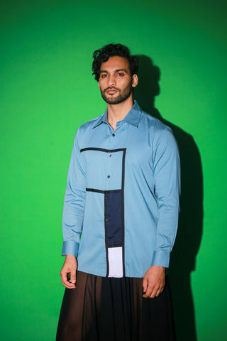 Light blue shirt with rectangular pattern feature