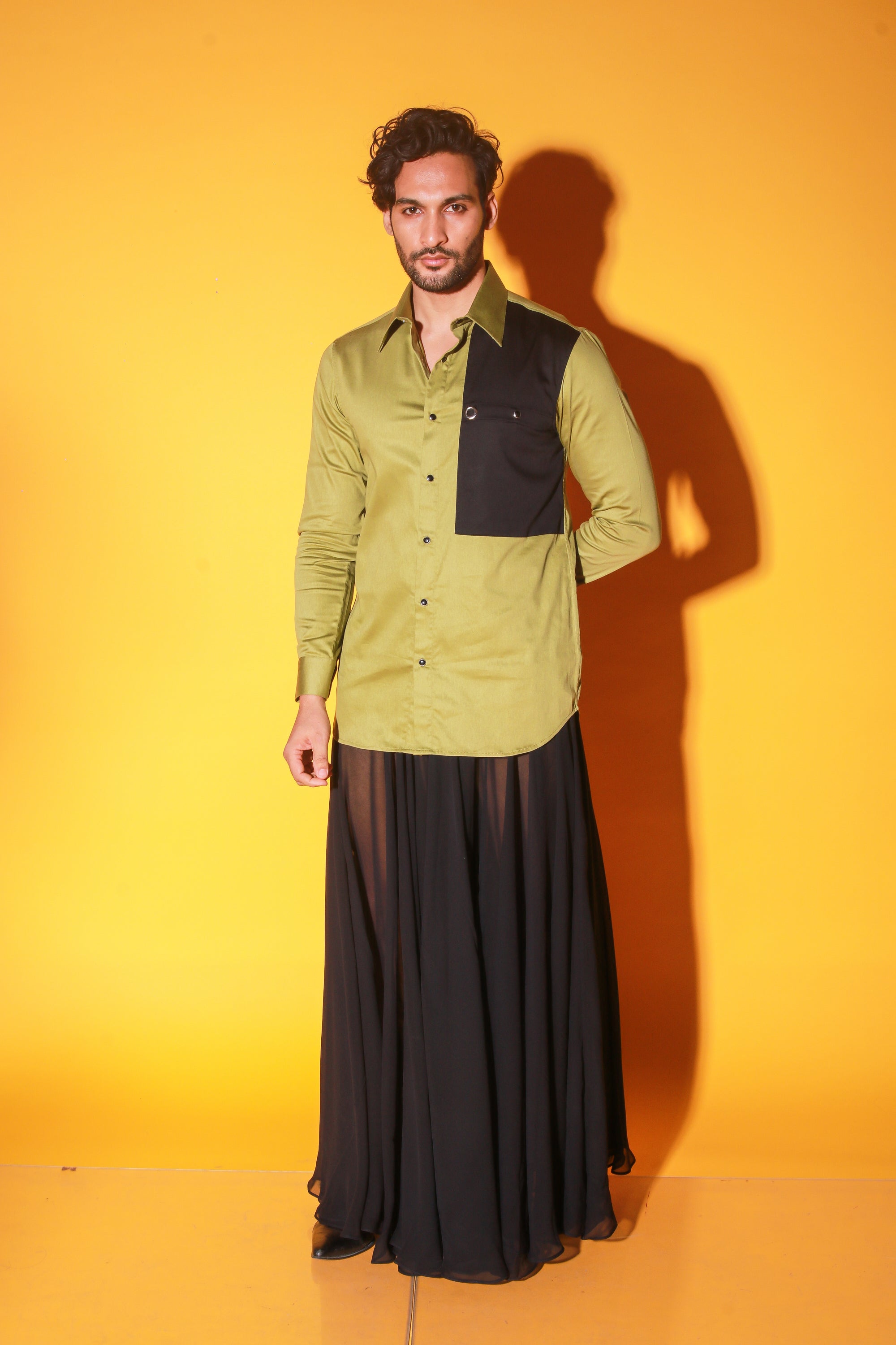 Moss green shirt with extended pocket feature