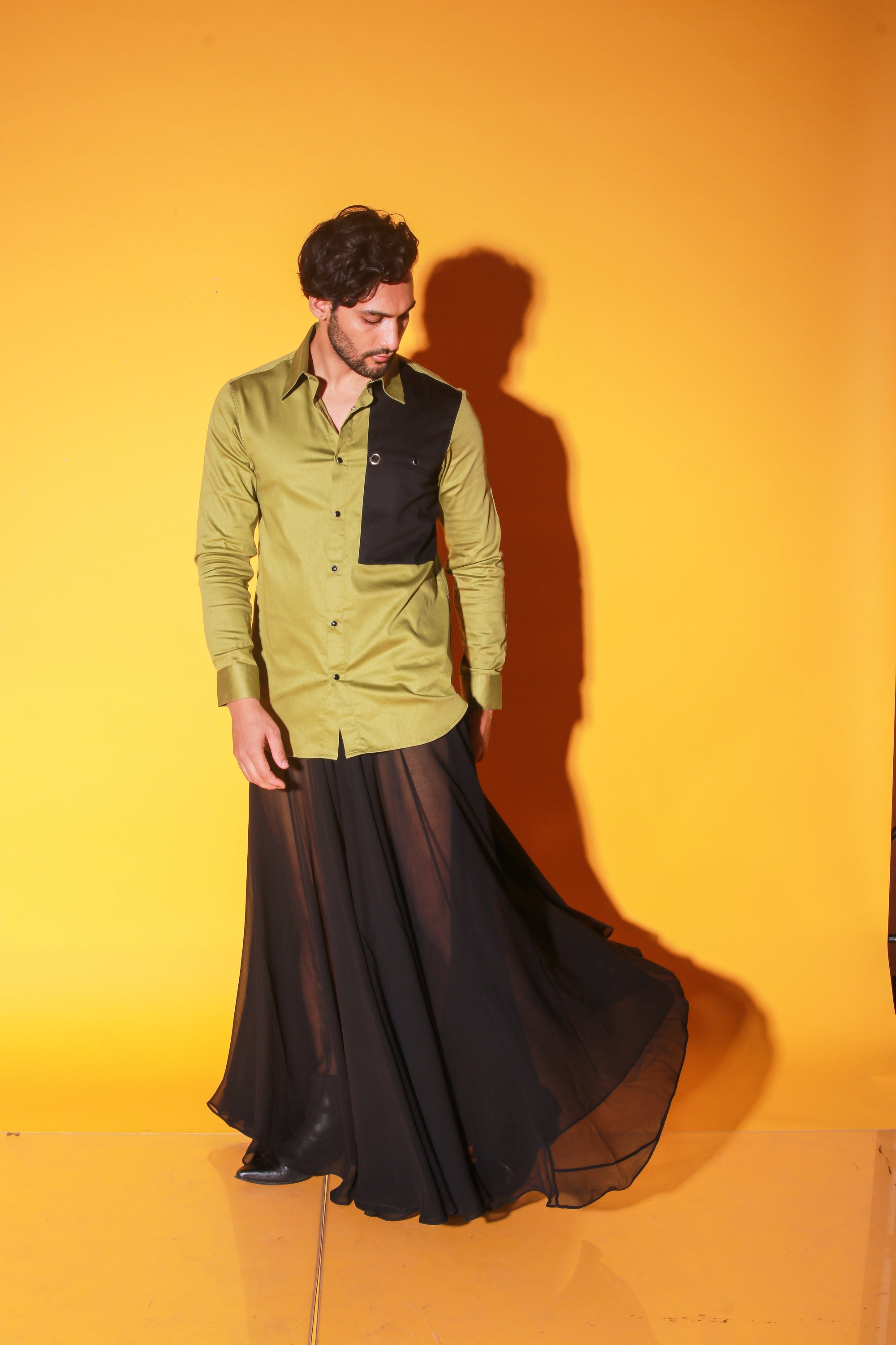 Moss green shirt with extended pocket feature