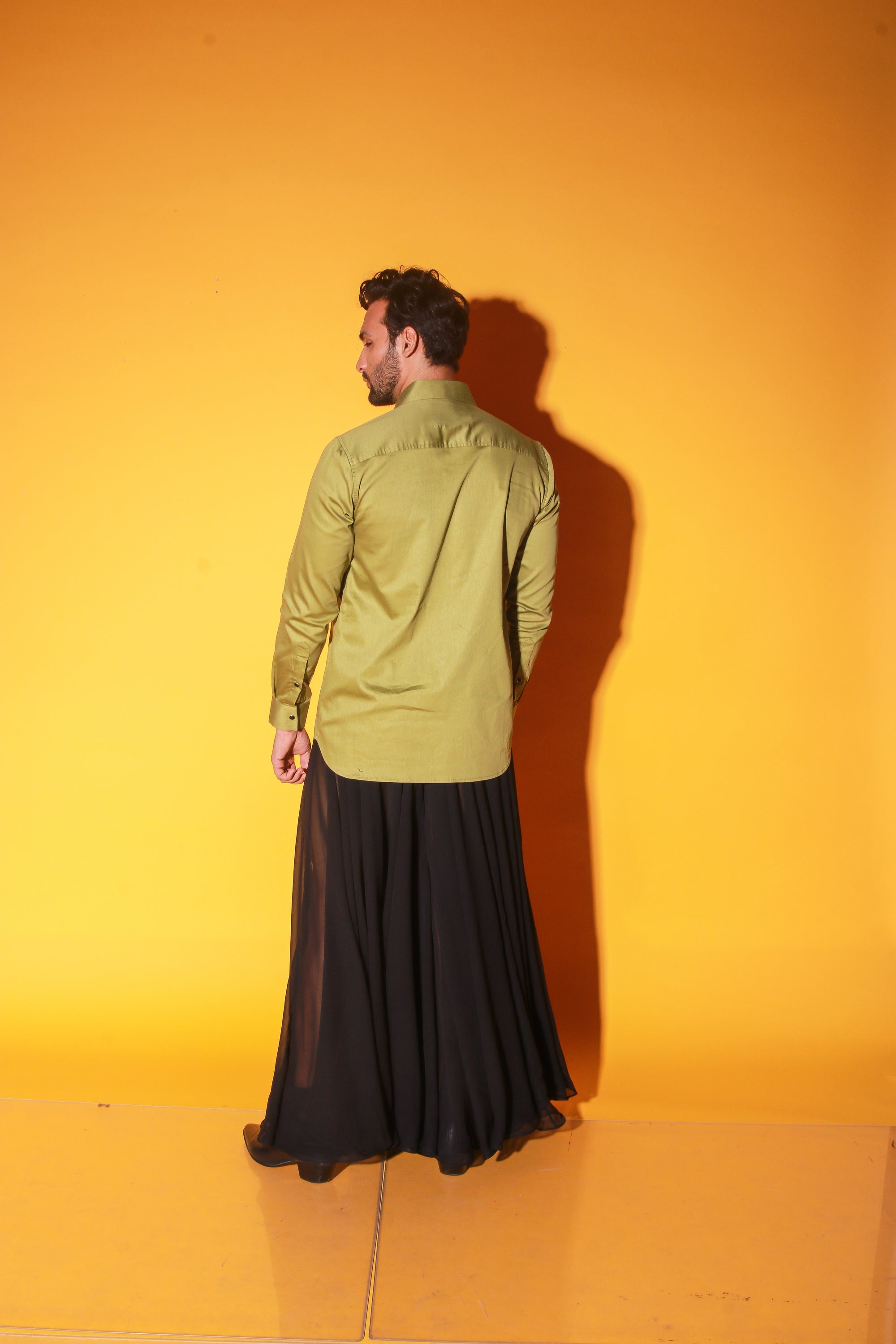 Moss green shirt with extended pocket feature