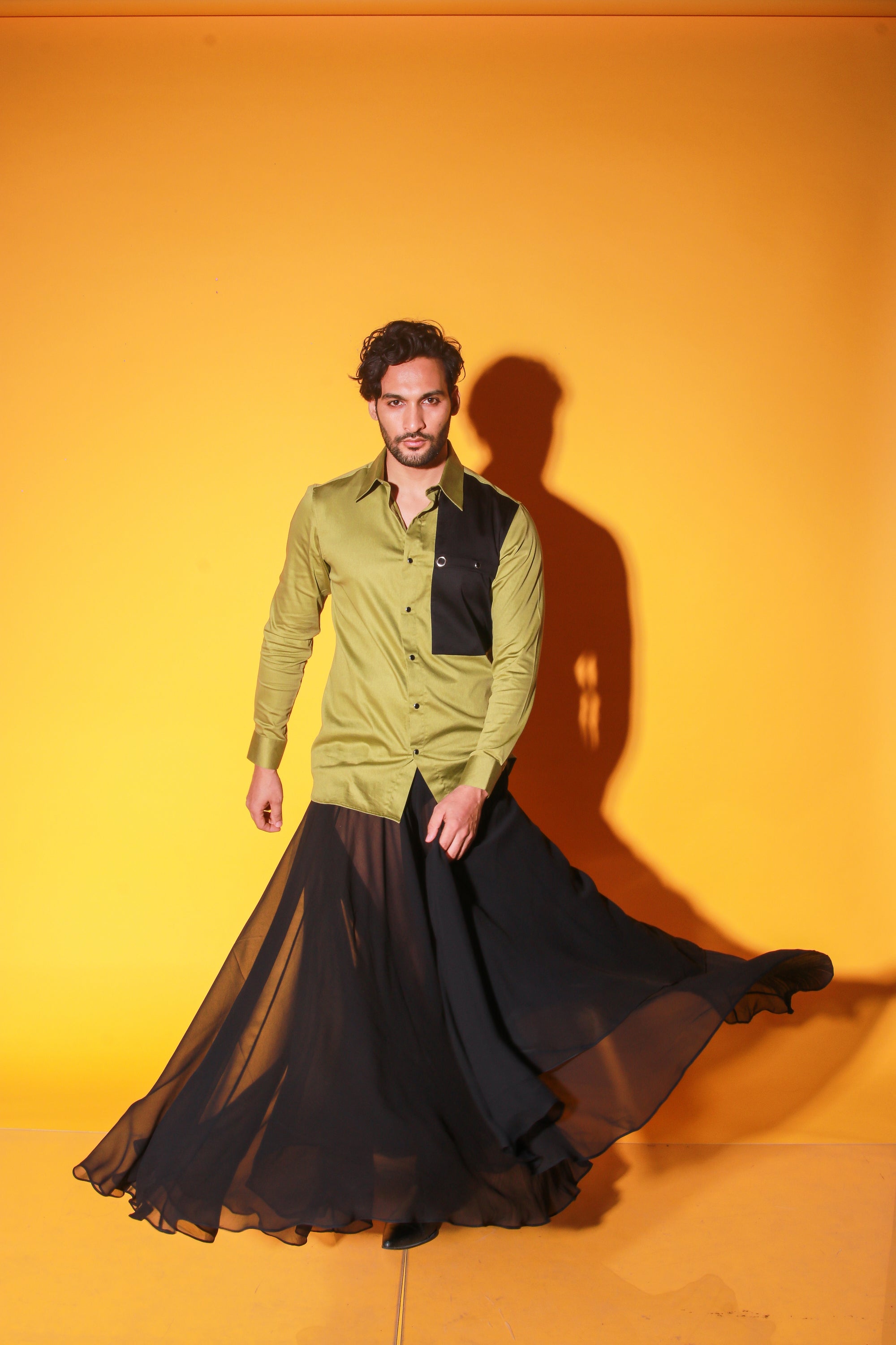 Moss green shirt with extended pocket feature