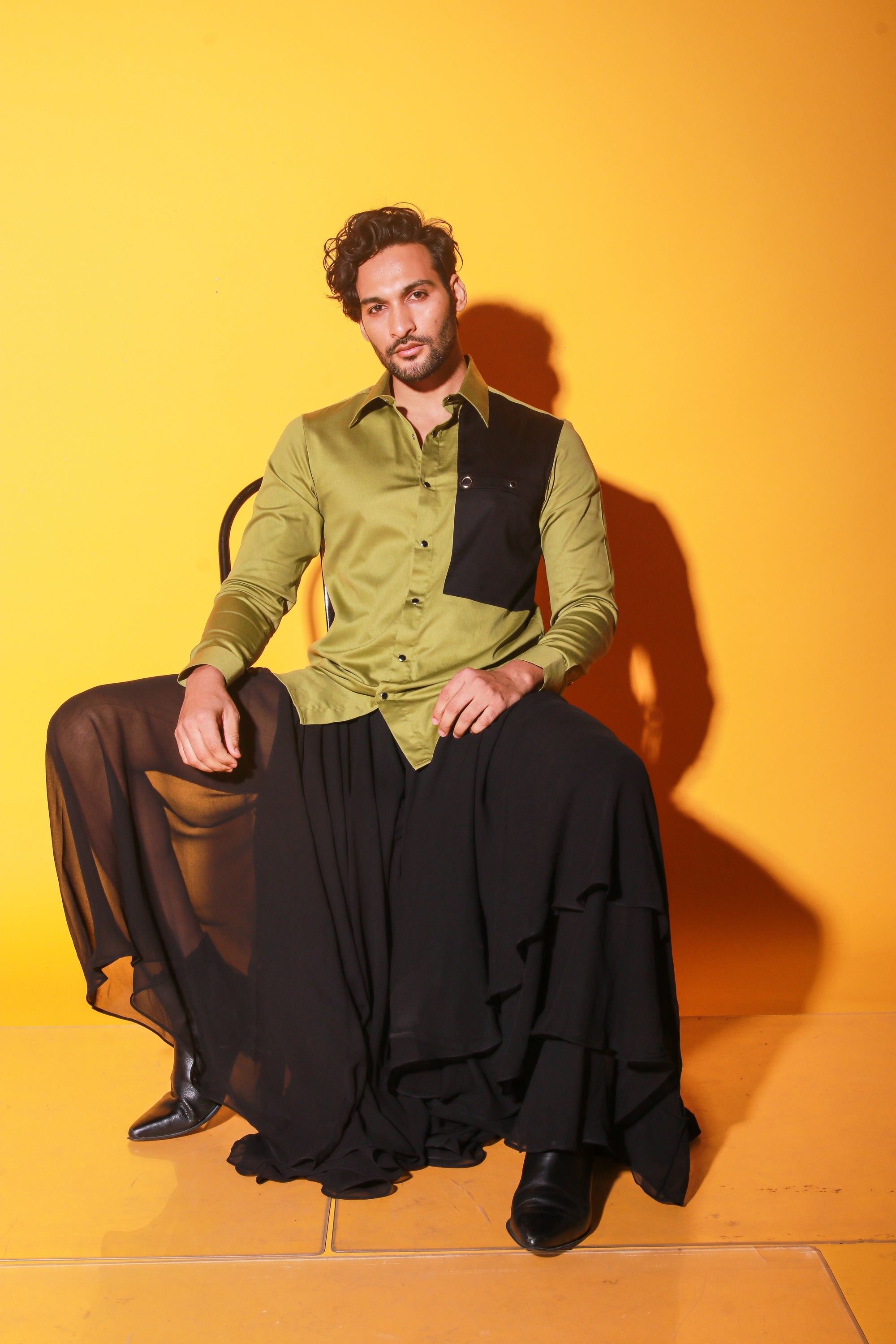 Moss green shirt with extended pocket feature