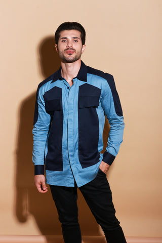 Slate and Navy blue contrast shirt with patch feature.