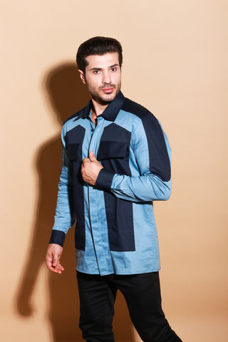 Slate and Navy blue contrast shirt with patch feature.