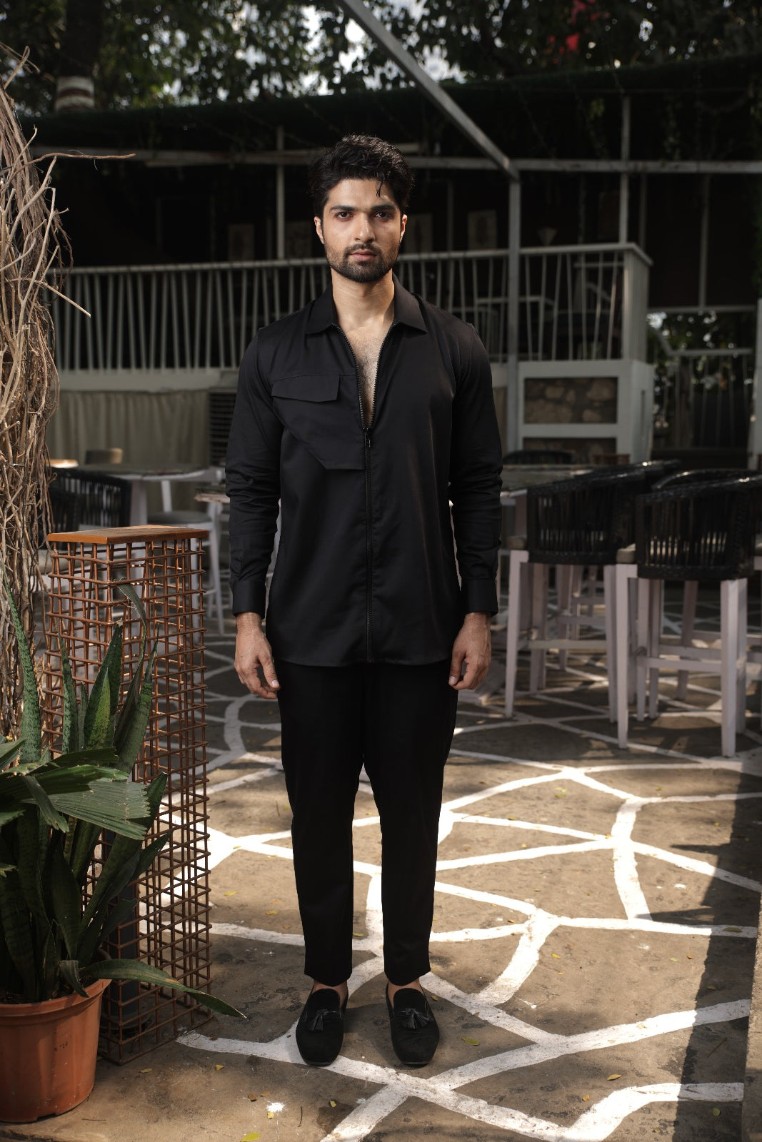 Black zippered Shirt with bib flap pocket