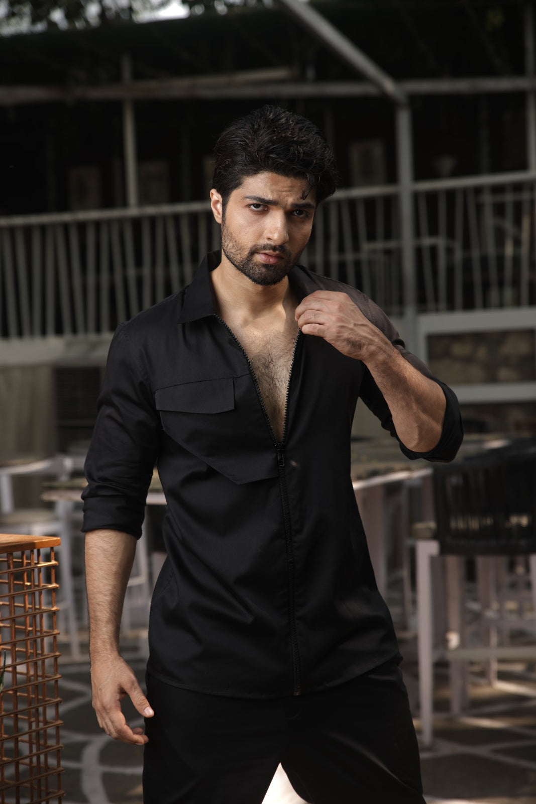 Black zippered Shirt with bib flap pocket