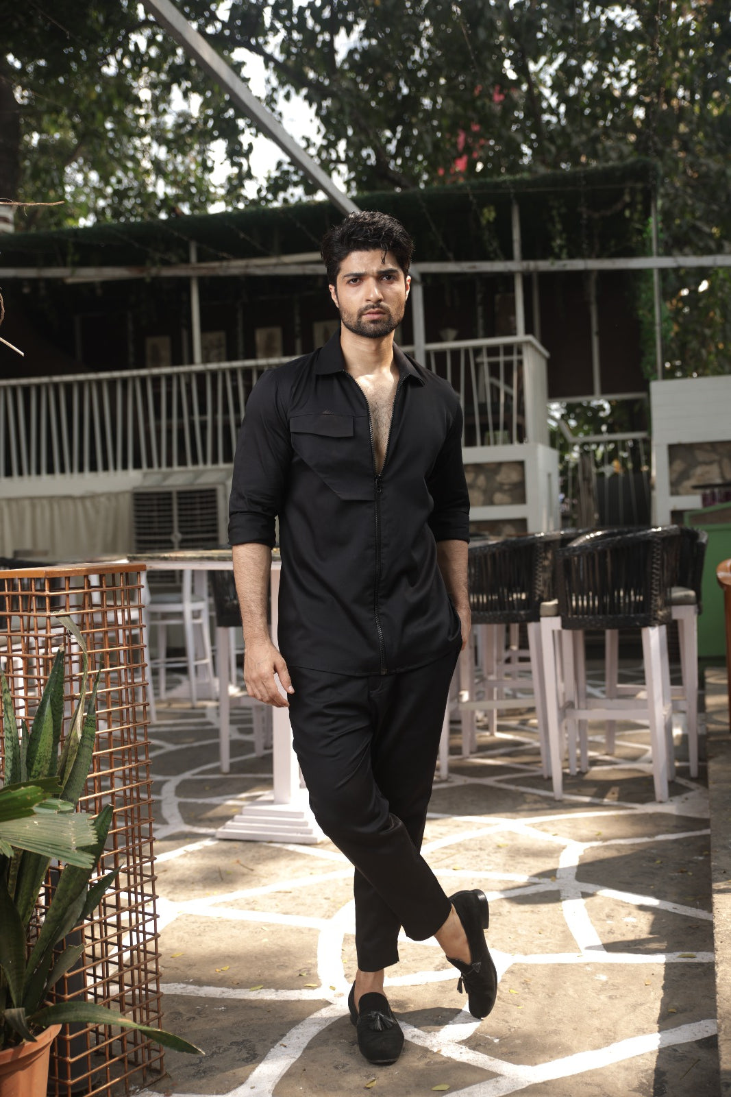 Black zippered Shirt with bib flap pocket