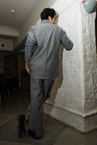 Grey band gala style shirt with narrow double overlap pants.