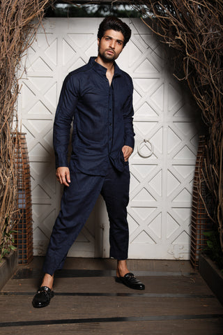 Blue linen co-ord set with black piping detailing.