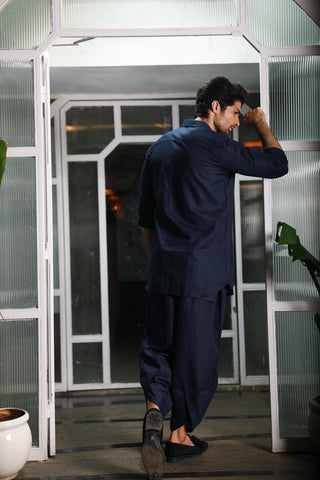 Blue linen double collared kurta with dhoti pants.